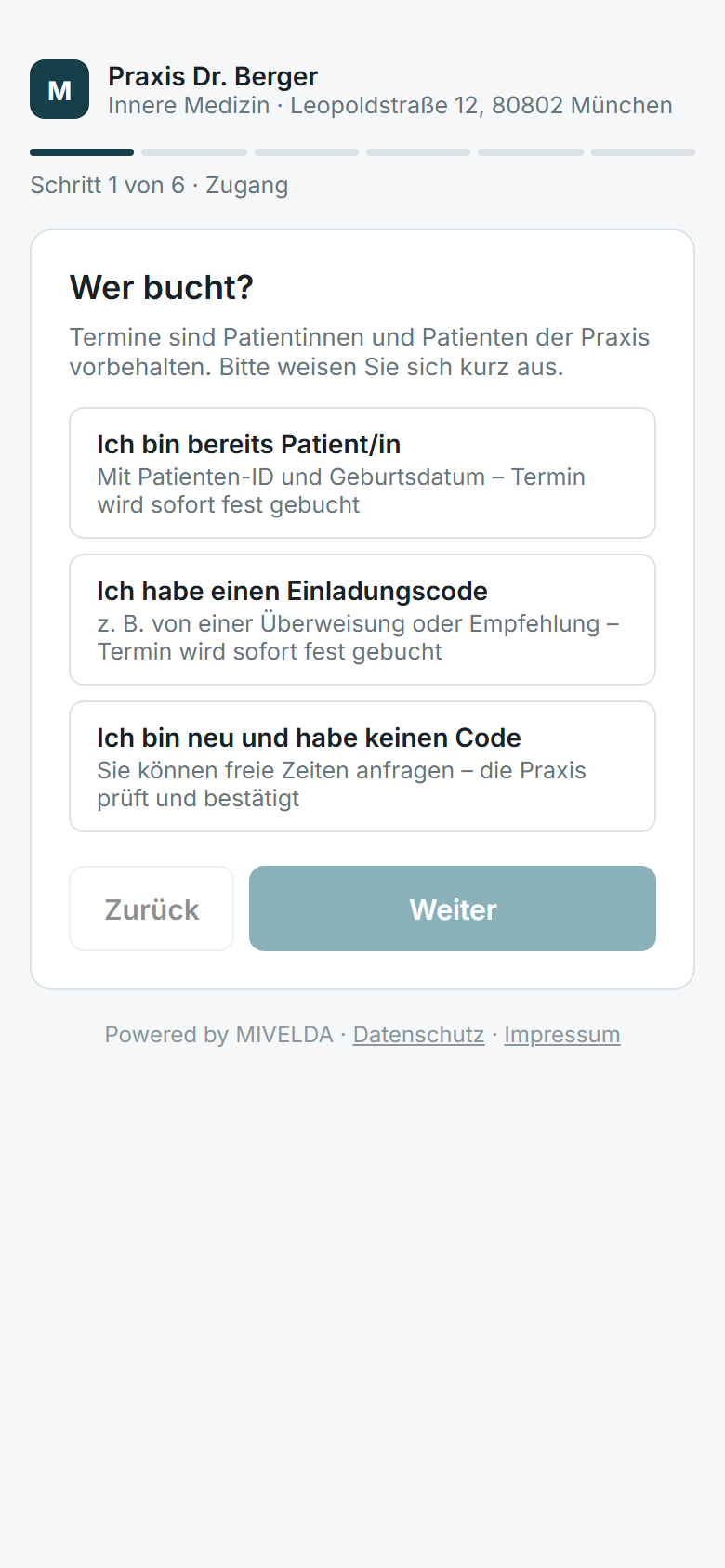 Online-Terminbuchung auf dem Smartphone mit Terminart und freien Zeiten