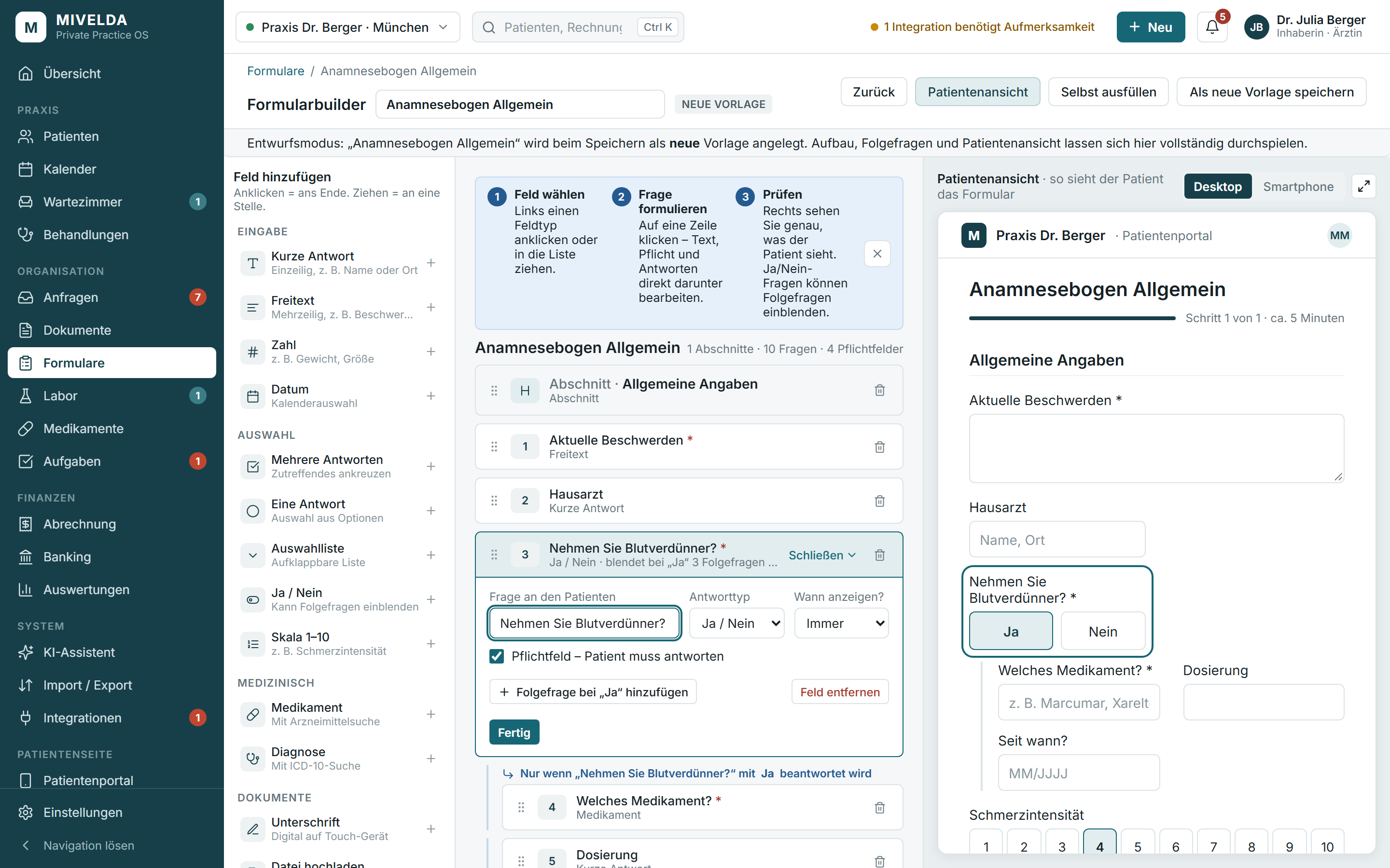Formular-Baukasten mit Feldern und digitaler Unterschrift